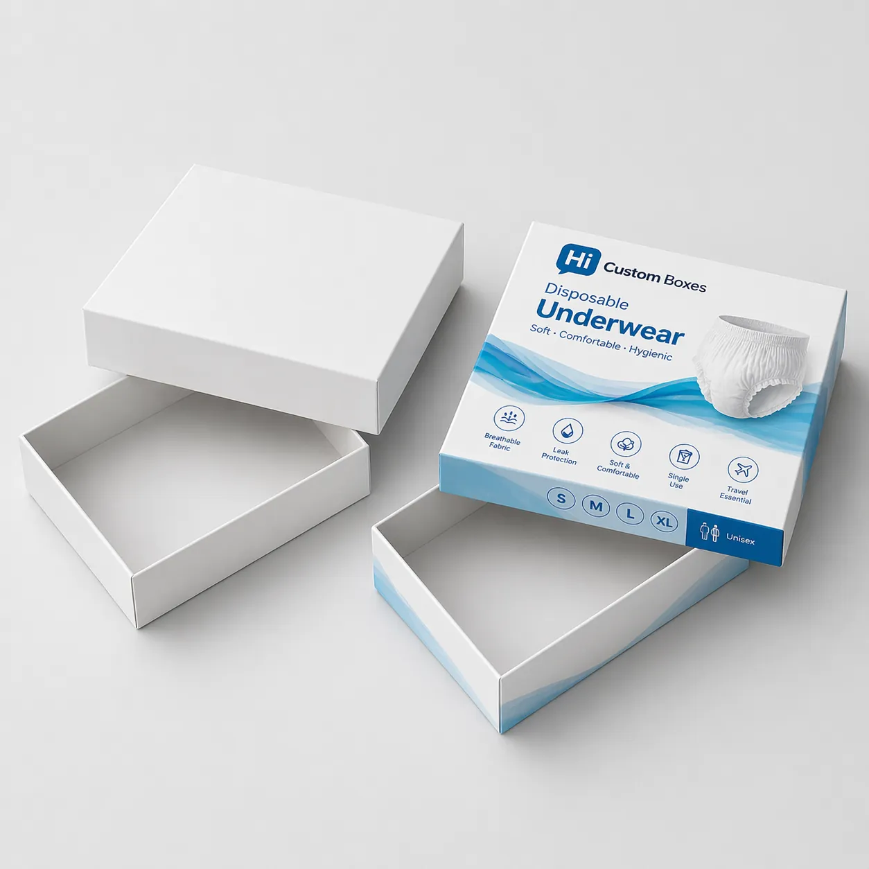 A white cardboard box standing next to a purple floral branded box for disposable underwear. class=